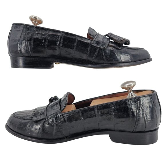 Vintage Belvedere Exotic Full Crocodile Black Dress Shoes Men 8.5 Tassel Loafer - Picture 6 of 12